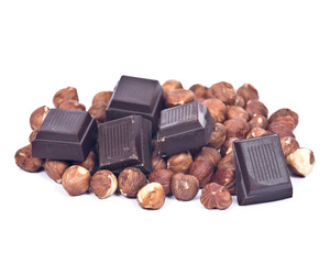 Dark chocolate and hazelnuts separated on white background