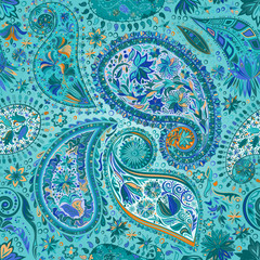 Vintage floral motif ethnic paisley seamless background. Abstract lace pattern. Ability to edit the colors, without losing seamlessly. Hand drawing colorful wallpaper. EPS-8 vector texture.
