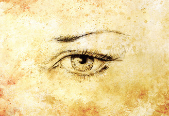 Woman eye, Hand draw on paper, fashion illustration. And old vintage paper structure.