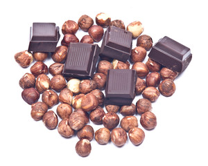 Dark chocolate and hazelnuts separated on white background