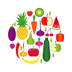 Set of fresh healthy fruits and vegetables made in flat style. Healthy lifestyle or diet vector design element. Vegetarian food circle shape. Organic farm illustration.