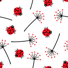 Ladybug with dandelion seamless pattern. Cute nature background. Plant with insect summer illustration.