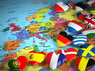 Travel EU concept. Map of Europe and hearts with flags of europe