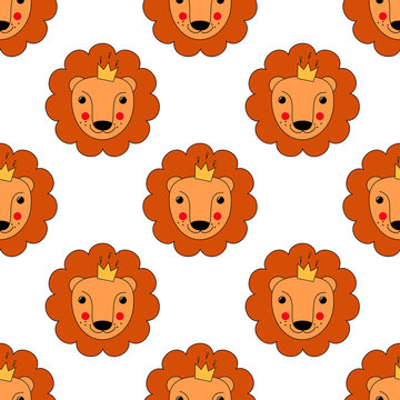 Baby Lion seamless pattern. Cute animal vector background. Child drawing style lion king.