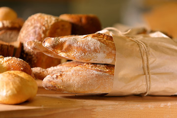 Fresh French baguette in bakery