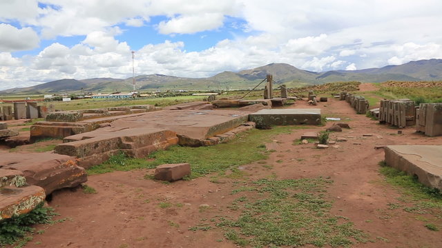 Panoramic view of megalithic stones in the complex Puma Punku near Tiwanaku, Bolivia