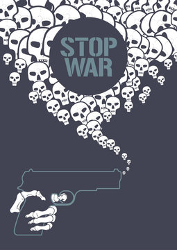 Stop war concept vector illustration. War gun with skeleton hand