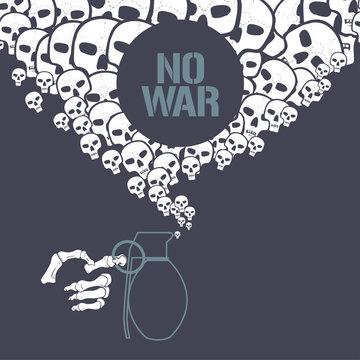 Stop war concept vector illustration. War grenade with skeleton hand