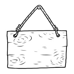 wooden placard with rope / cartoon vector and illustration, black and white, hand drawn, sketch style, isolated on white background.
