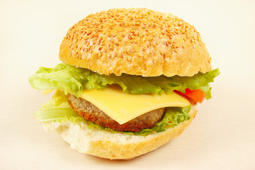 Big flavorful hamburger with cheese close up