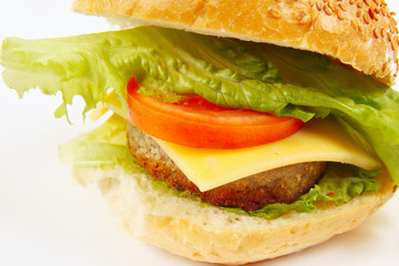 Great tasty sandwich with cheese and chop on a white background