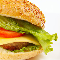 Great tasty sandwich with cheese and chop close up