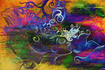 Beautiful Ornament, pencil drawing on old paper. And color spots on background.