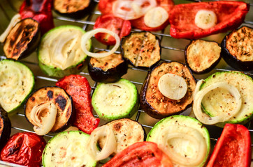 hot, juicy vegetables on the grill grilled eggplant, zucchini, peppers