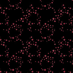 Pattern with red glitter textured circles on black background.
