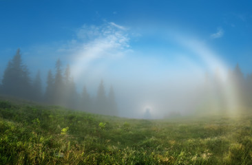 Carpathian Mountains. Brokensky ghost white double rainbow mist.