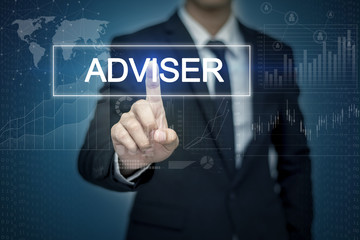 Businessman hand touching ADVISER button on virtual screen