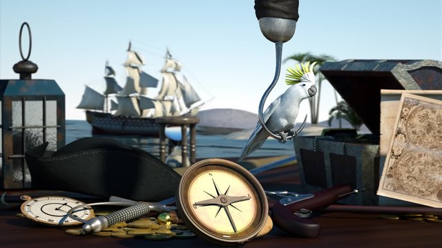 Still life on a pirate theme and adventure travel, are on the table, the compass, treasure map, treasure chest and a parrot sits on a pirate hook, 3D render on background ship with sails at sea