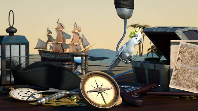 Still life on a pirate theme and adventure travel, are on the table the compass, map, treasure chest and a parrot sits on a hook 3D render  on background sunset and a ship with sails at sea