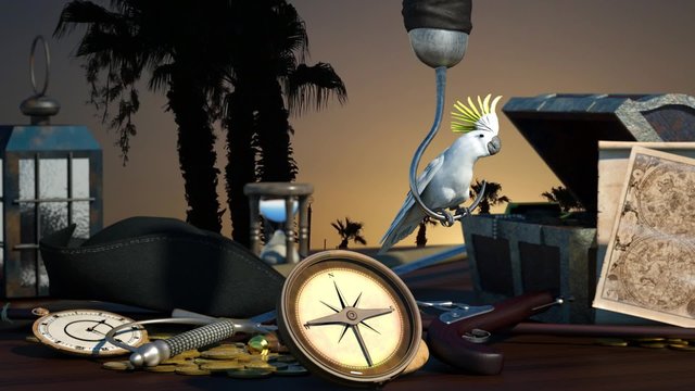 Still life on a pirate theme and adventure travel, are on the table, the compass, treasure map, treasure chest and a parrot sits on a pirate hook, 3D render