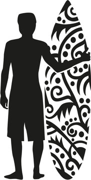 recommend clip art: Surfer silhouette standing with a decorated surfboard