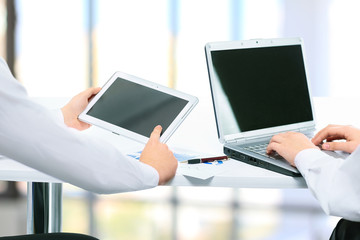 Business meeting. Group of business people working with digital