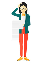 Woman holding long bill.