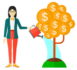 Woman watering money tree.