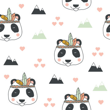 Beautiful indian seamless pattern of panda bear with feathers in vector.  Cute cartoon background in bright colors