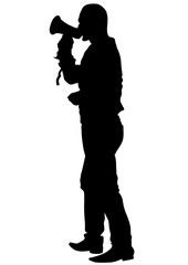 Man wearing a cap with a megaphone on a white background
