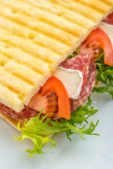 toast sandwich with vegetables and mozzarella on white plate
