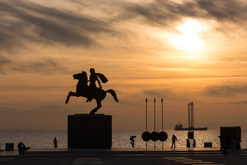 Silhouette of Alexander the Great Statue at sunrise. Thessalonik