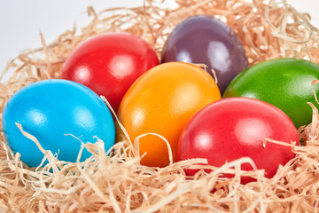 Six colored easter eggs in straw nest
