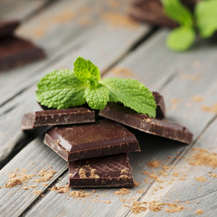Dark chocolate with mint on the vintage table