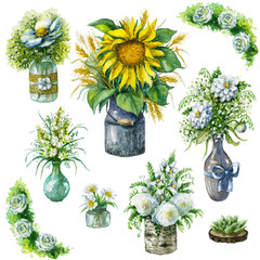 Jars and vases with bouquets in rustic style.