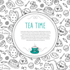 Vector template with tea sketch doodle hand drawn elements.
