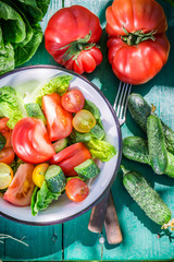 Fototapeta na wymiar Healthy vegetarian salad from greenhouse
