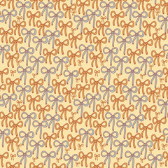Seamless pattern with blue and orange bows on light background. 