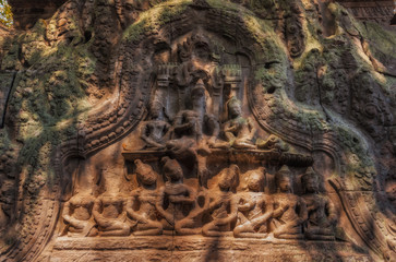SIEM REAP, CAMBODIA. Bas-relief of Ta Prohm Temple