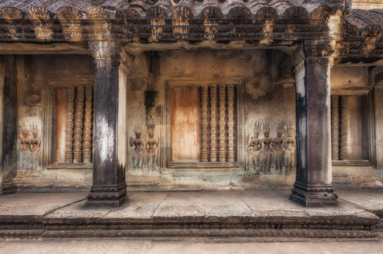 SIEM REAP, CAMBODIA. The temple of Angkor Wat. Gallery with bas-reliefs on the walls