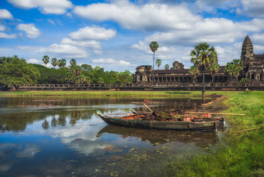 SIEM REAP, CAMBODIA. Boat on the lake near Angkor Wat.