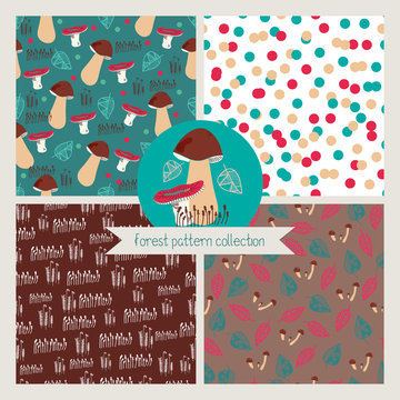 Set of 4 seamless patterns with mushrooms and leaves and one spot element.