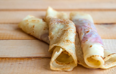 Pancakes with red raspberry jam. Very tasty. Healthy food.