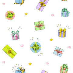 Set of colorful gift boxes with bows and ribbons on white background. Watercolor lovely illustration. Handwork © MargaritaSh