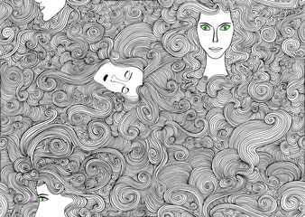 Beautiful vector seamless pattern with woman faces and hair