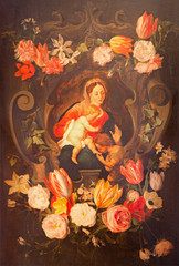Fototapeta na wymiar Antwerp - Madonna with the child and st. John the Baptist among the flowers.