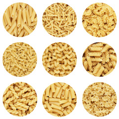different dry uncooked pasta abstract design composition on white background