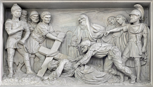 Mechelen - Stone relief Jesus fall under cross