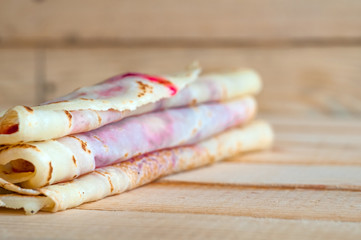 Pancakes with red raspberry jam. Very tasty. Healthy food.