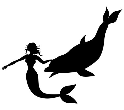 Silhouette of a mermaid and dolphin